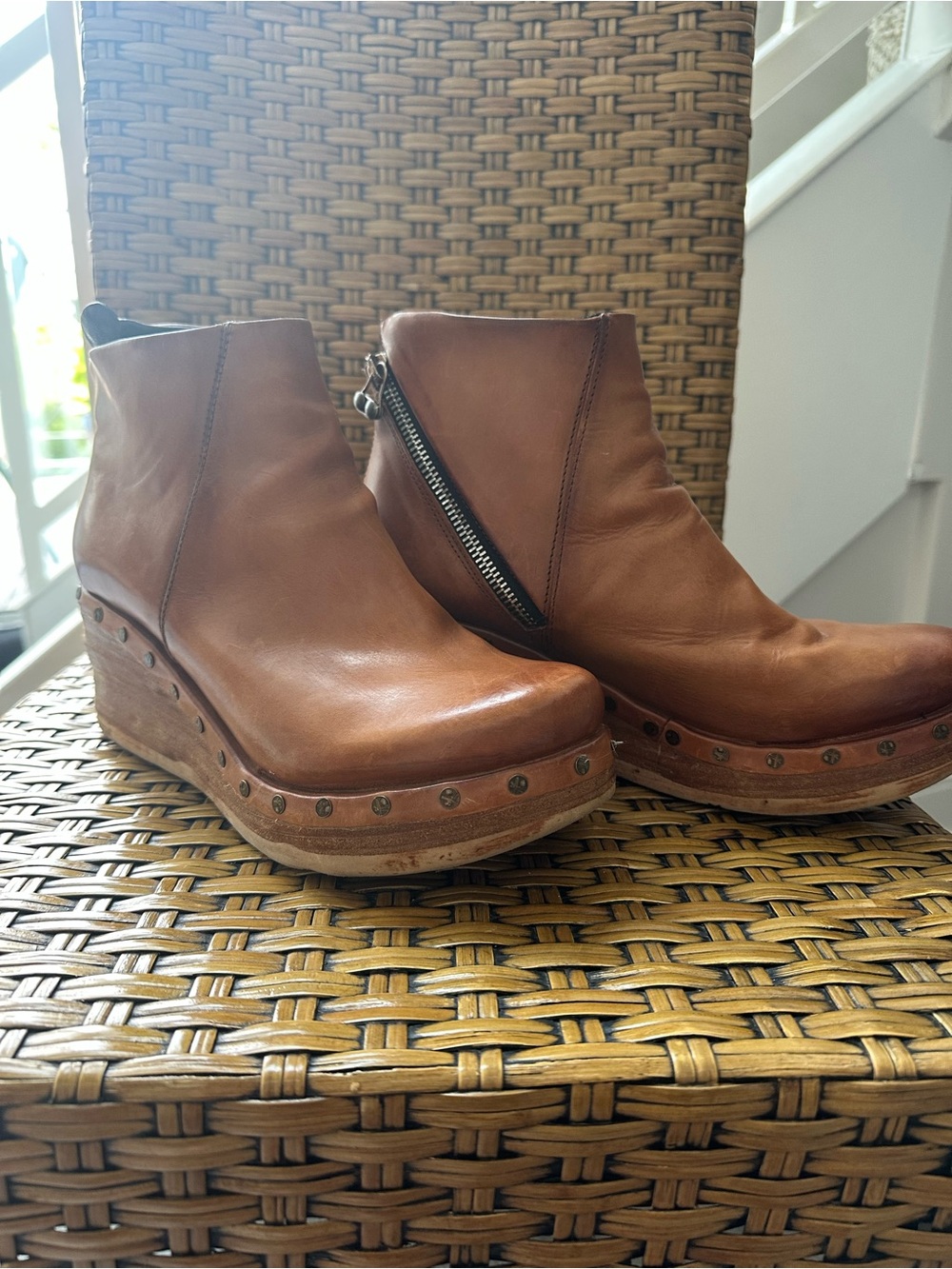 A.S.98 Women’s Tan Leather Wedge Ankle Boots - Zip Side, excellent condition.